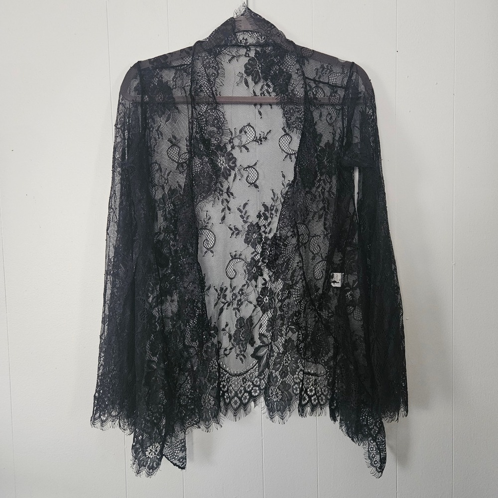 Black Lace Open-Front Cardigan Sweater - Picture 2 of 4